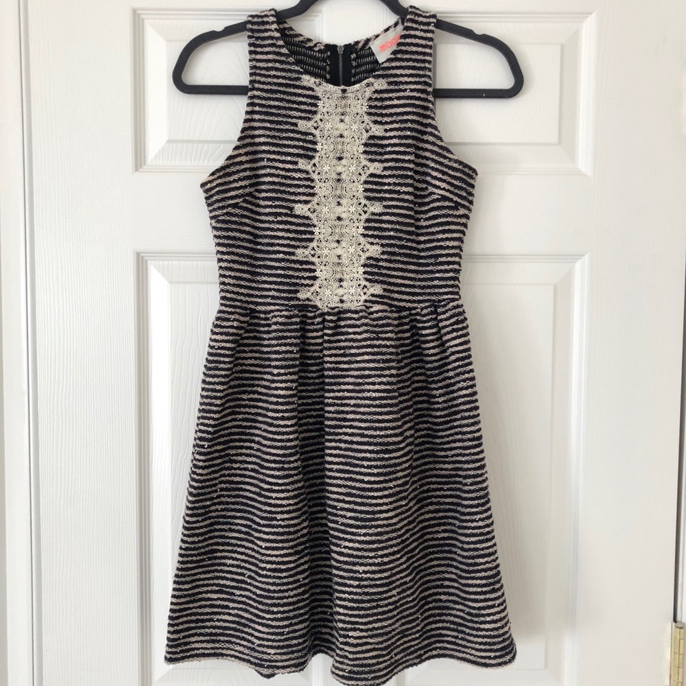 Ruche Navy Lace and Woven Tweed Striped Dress (Small)
